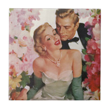 Vintage Portrait, Bride Groom, Newlyweds w Flowers Ceramic Tiles