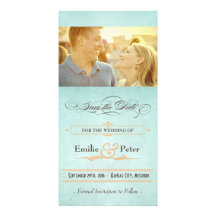 Vintage Poster Seafoam Blue & Brown Save the Date Personalised Photo Card