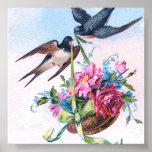 Vintage Poster With Swallows And Roses posters