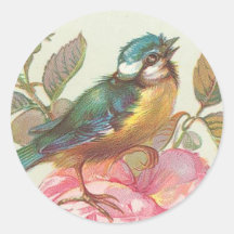 Vintage pretty bird on flower stickers