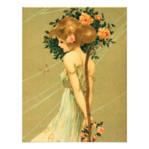 Vintage Pretty Girl With Pink Roses and Butterfly Personalized Invitation