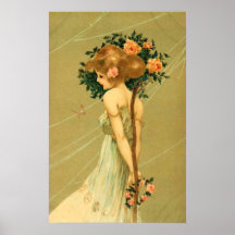 Vintage Pretty Girl With Pink Roses and Butterfly Posters