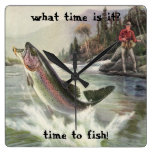 Vintage Rainbow Trout  Fish Fisherman Fishing Square Wallclocks
