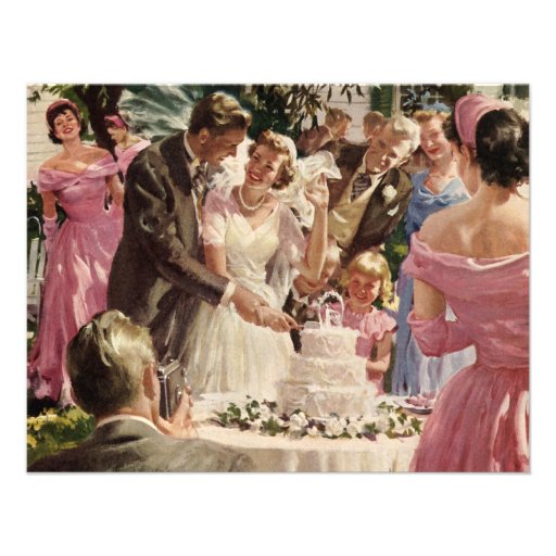 Vintage Reception Bride Groom Newlyweds Cut Cake Personalized Invite