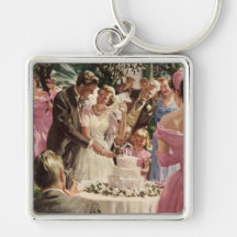 Vintage Reception Bride Groom Newlyweds Cut Cake Key Chain