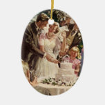 Vintage Reception Bride Groom Newlyweds Cut Cake Ornaments