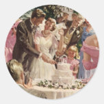 Vintage Reception Bride Groom Newlyweds Cut Cake Round Stickers