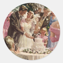 Vintage Reception Bride Groom Newlyweds Cut Cake Round Stickers