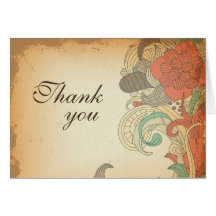 Vintage red brown floral wedding thank you card