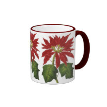 Vintage Red Christmas Poinsettia with Green Leaves Coffee Mug