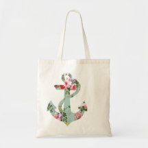 Vintage Red Pink Green Floral Pattern Anchor Canvas Bags