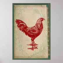 Vintage Red Rooster Shabby Chic Grunge Chicken Print