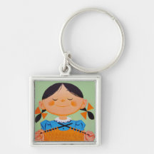 Vintage Retro Girl Knitting Key Chains