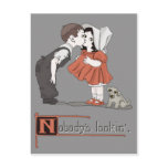 Vintage Retro Kissing Kids with Puppy Postcard
