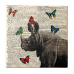 Vintage Rhinoceros Butterflies Ceramic Tile