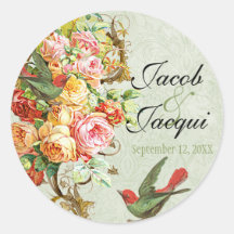Vintage Rose n birds, Sticker Seal Save the Date