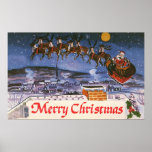 Vintage Santa Claus and Reindeer Flying His Sleigh Print