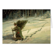 Vintage Santa Claus Carrying a Christmas Tree Cards