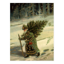 Vintage Santa Claus Carrying a Christmas Tree Postcard