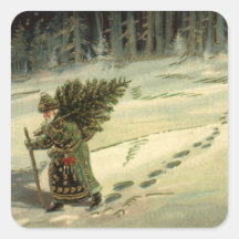 Vintage Santa Claus Carrying a Christmas Tree Stickers