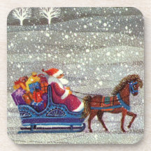 Vintage Santa Claus One Horse Open Sleigh in Snow Coaster
