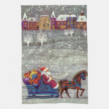 Vintage Santa Claus One Horse Open Sleigh in Snow Towel