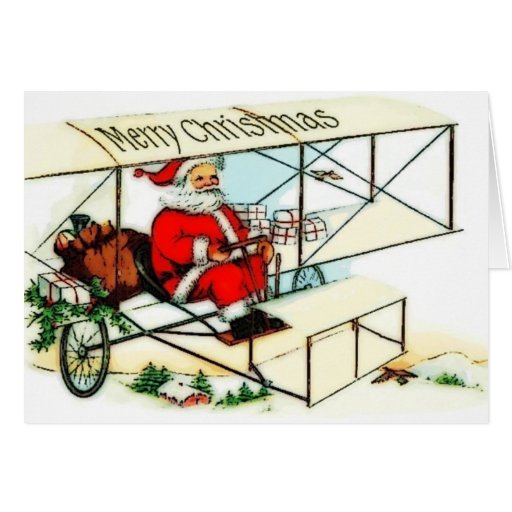Vintage Santa Flying Bi Plane Christmas Card