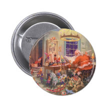 Vintage Santa's Workshop North Pole Elves and Toys Pinback Button
