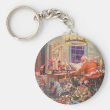 Vintage Santa's Workshop North Pole Elves and Toys Keychain