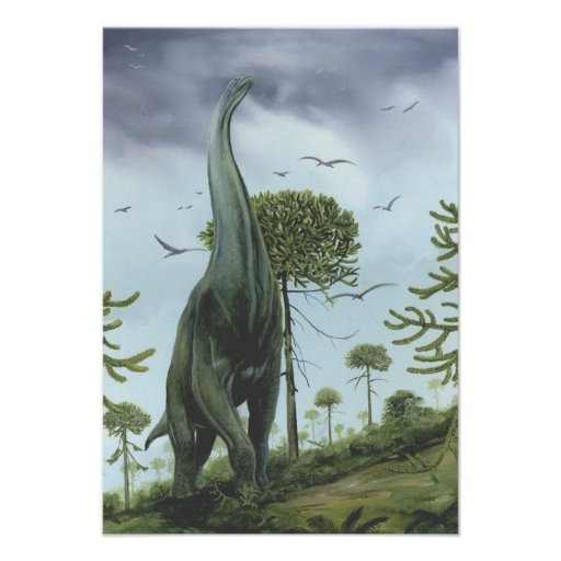 Vintage Sauroposeidon Dinosaur with Birds Flying Personalized Invites