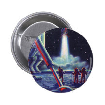 Vintage Science Fiction Aliens Wave to Rocket Pinback Buttons