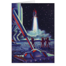Vintage Science Fiction Aliens Wave to Rocket Card