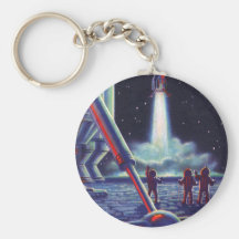 Vintage Science Fiction Aliens Wave to Rocket Key Chains