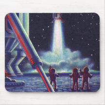 Vintage Science Fiction Aliens Wave to Rocket Mousepad