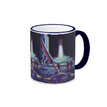 Vintage Science Fiction Aliens Wave to Rocket Mug