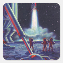 Vintage Science Fiction Aliens Wave to Rocket Sticker