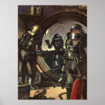 Vintage Science Fiction Astronauts on a Spacewalk Poster