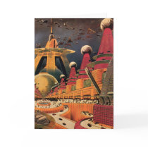 Vintage Science Fiction Futuristic City Flying Car Card