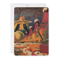Vintage Science Fiction Futuristic City Flying Car Invitations
