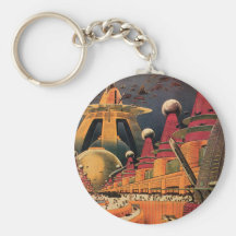 Vintage Science Fiction Futuristic City Flying Car Keychains