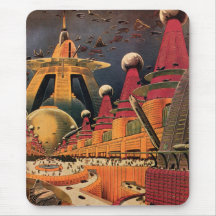 Vintage Science Fiction Futuristic City Flying Car Mouse Pad
