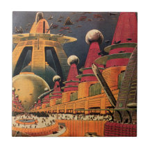 Vintage Science Fiction Futuristic City Flying Car Tile