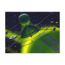 Vintage Science Fiction Green Planet w Spaceship Post Card