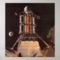 Vintage Science Fiction Rocket Blasting Off Planet Print