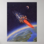 Vintage Science Fiction Rocket in Space over Earth posters
