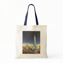 Vintage Science Fiction Rocket Ship on a Planet Canvas Bags