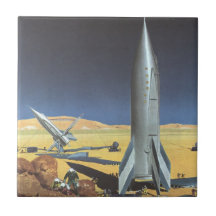 Vintage Science Fiction Rockets on Desert Planet Ceramic Tiles