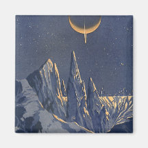 Vintage Science Fiction Snow Planet, Crescent Moon Fridge Magnets