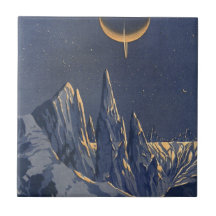 Vintage Science Fiction Snow Planet, Crescent Moon Ceramic Tile