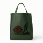 Vintage Skeleton with Pumpkin Grocery Tote bags